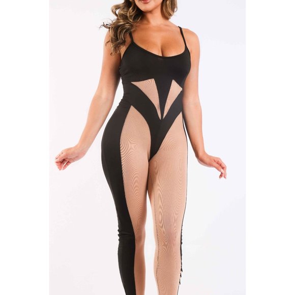 Women's Round Neck Sleeveless Spaghetti Straps Mesh Contrast Sexy Party Jumpsuit - Picture 5 of 12